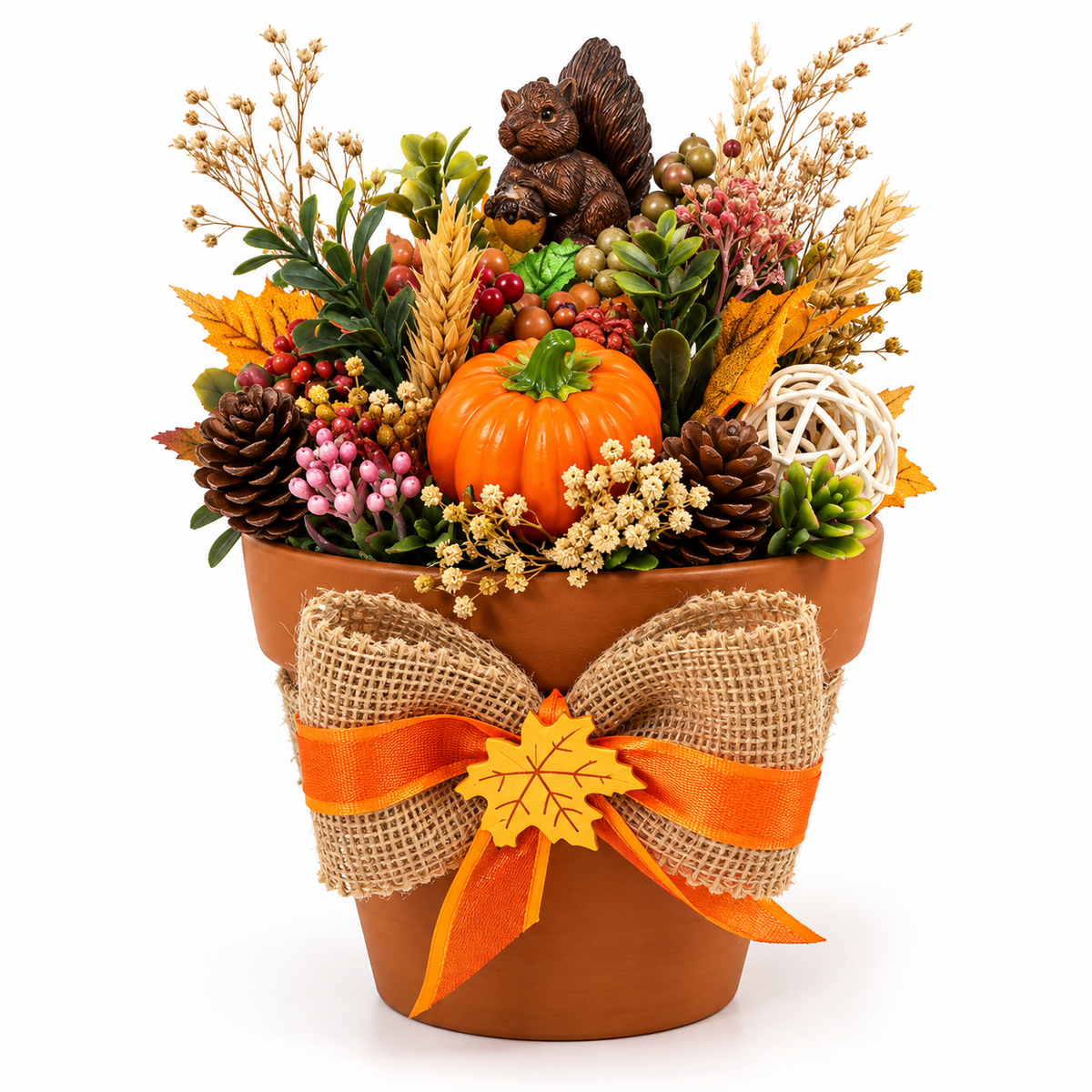 Ръчно изработена декоративна сова с есенни листа и висящи крачета с обувчици.