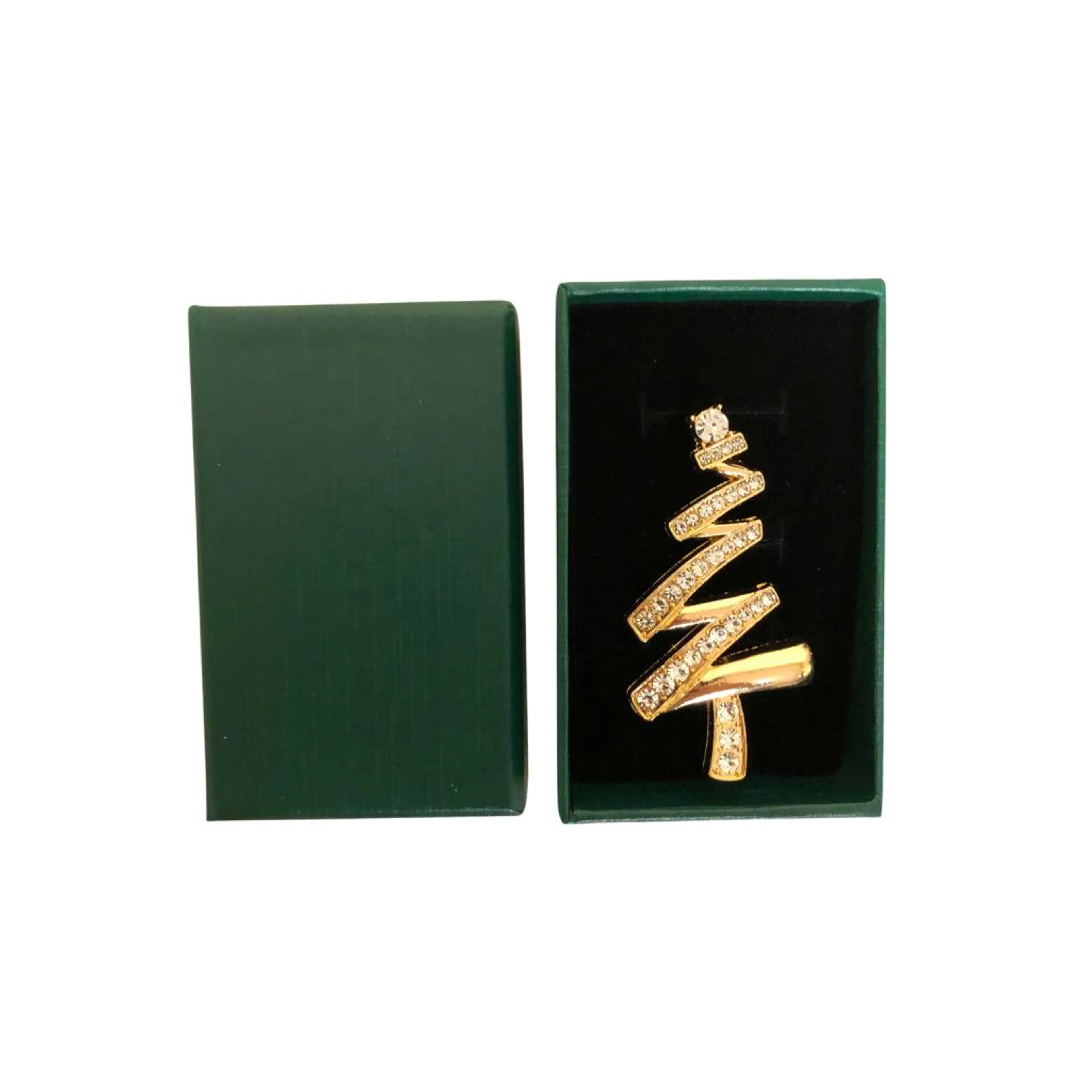 Елегантна златиста коледна брошка „Елха“ с кристали – празнично бижу за специални поводи