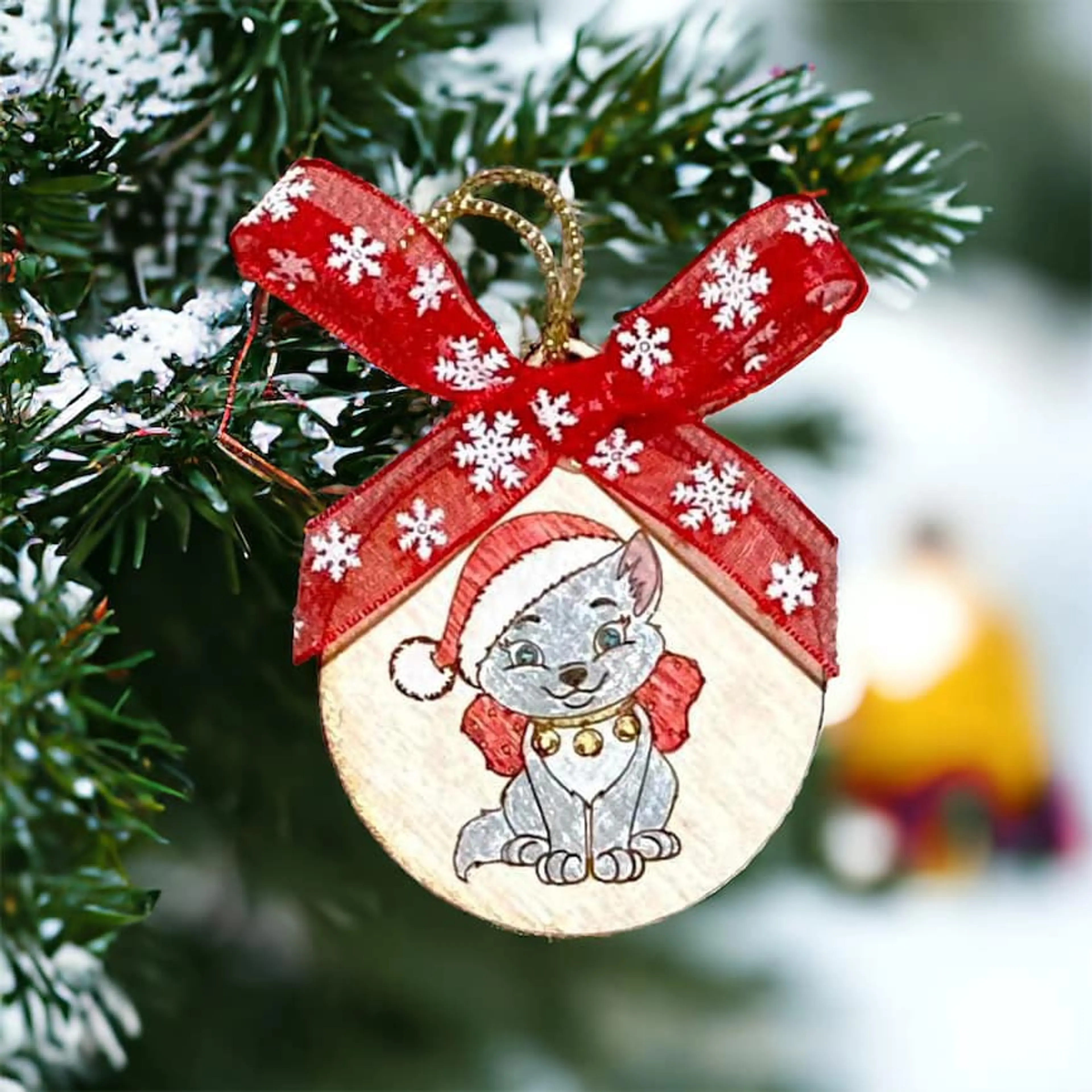 Дървена коледна висулка сладко коте