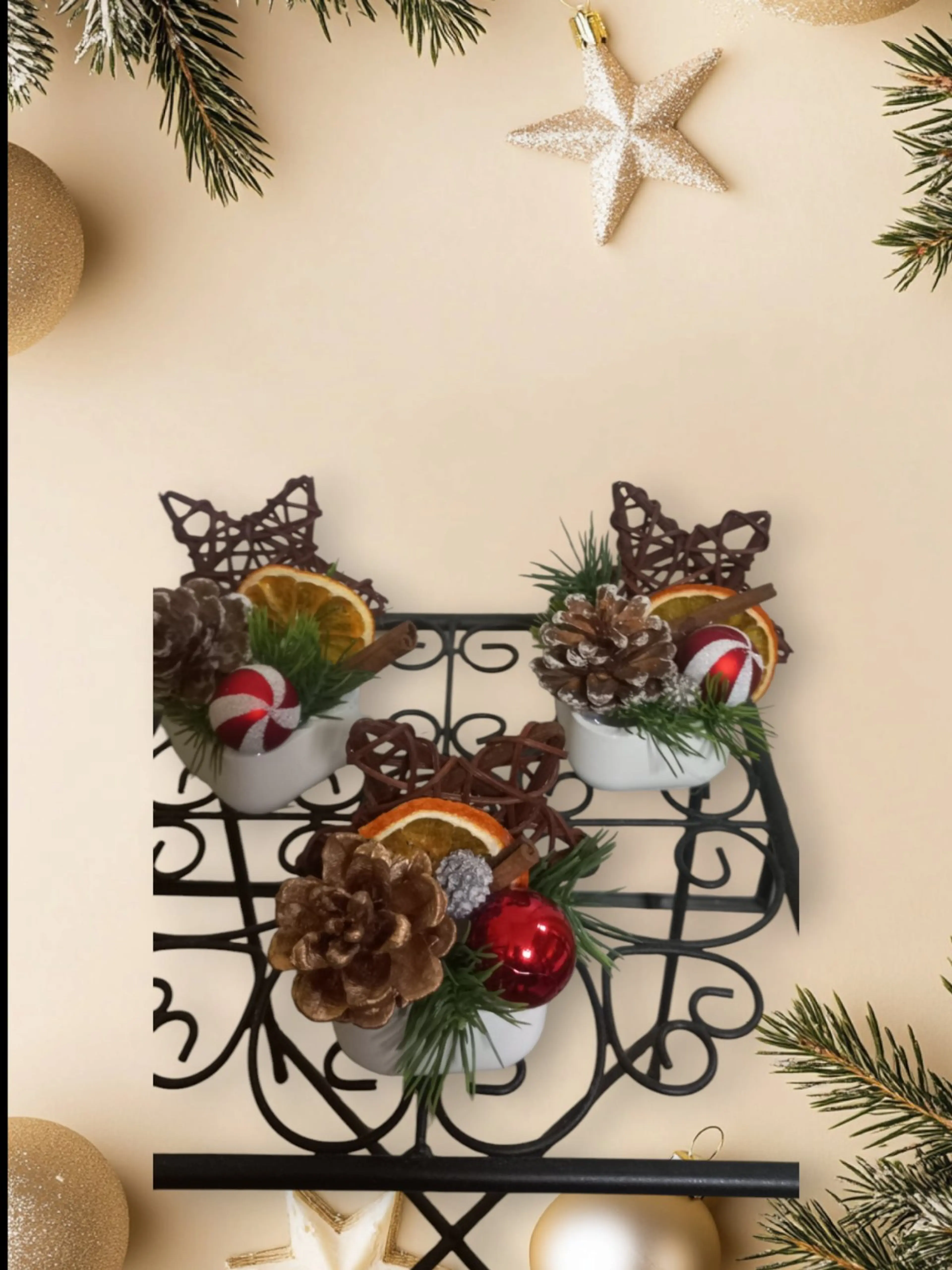 Мини коледна декорация, Звезда от ратан - комплект от 3 броя