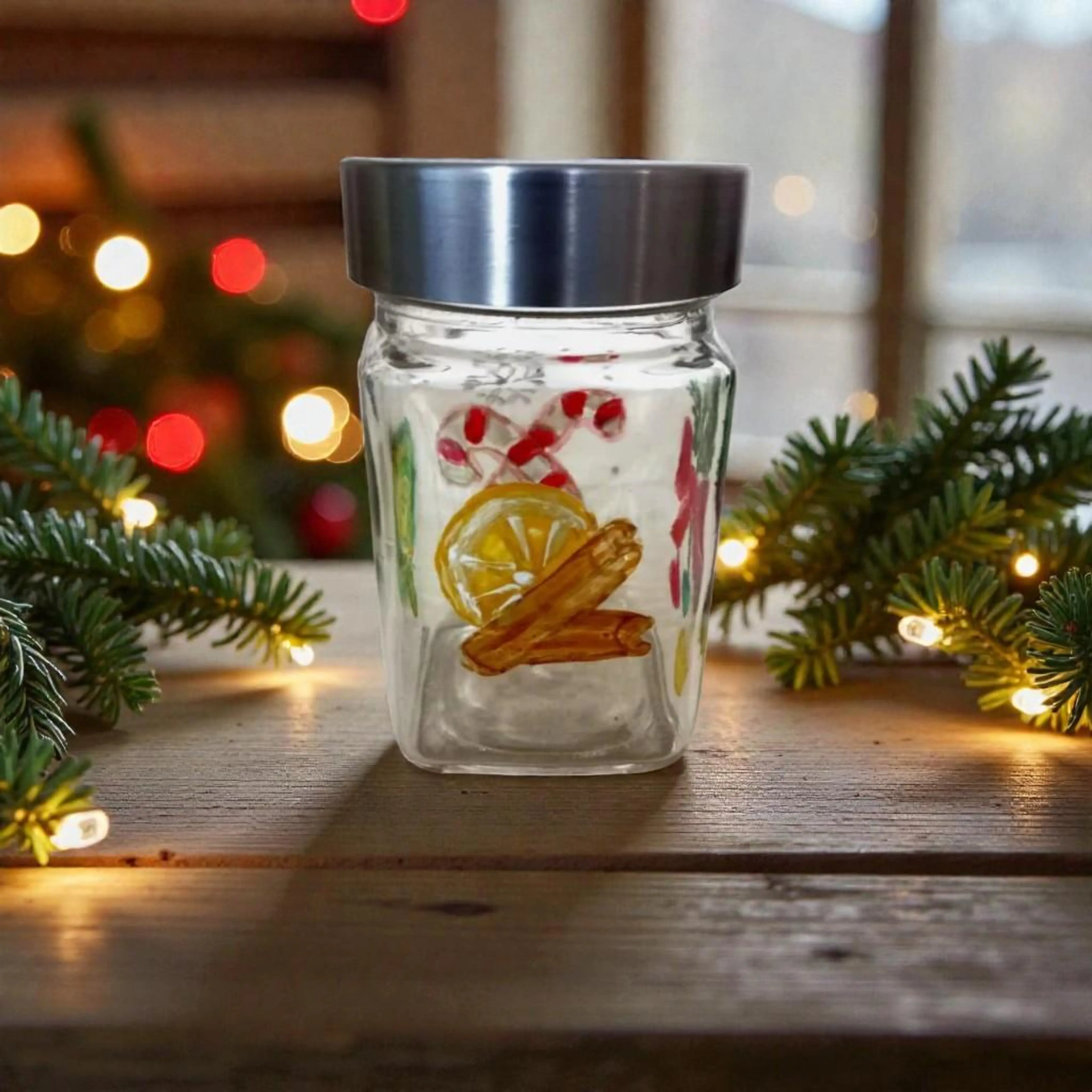 ръчно рисуван стъклен буркан за подправки - Коледа